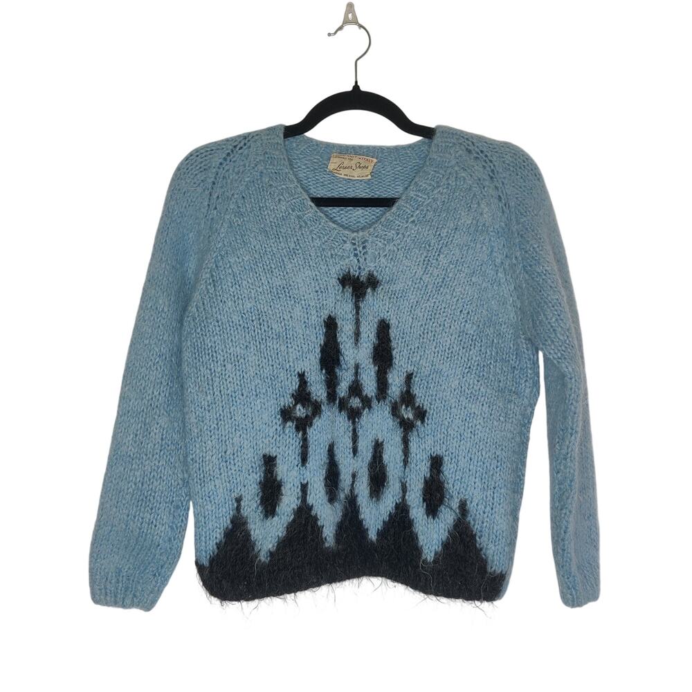 Vtg 60s Hand Knit in Italy Fuzzy Mohair Wool Nordic Apres Ski Sweater Small